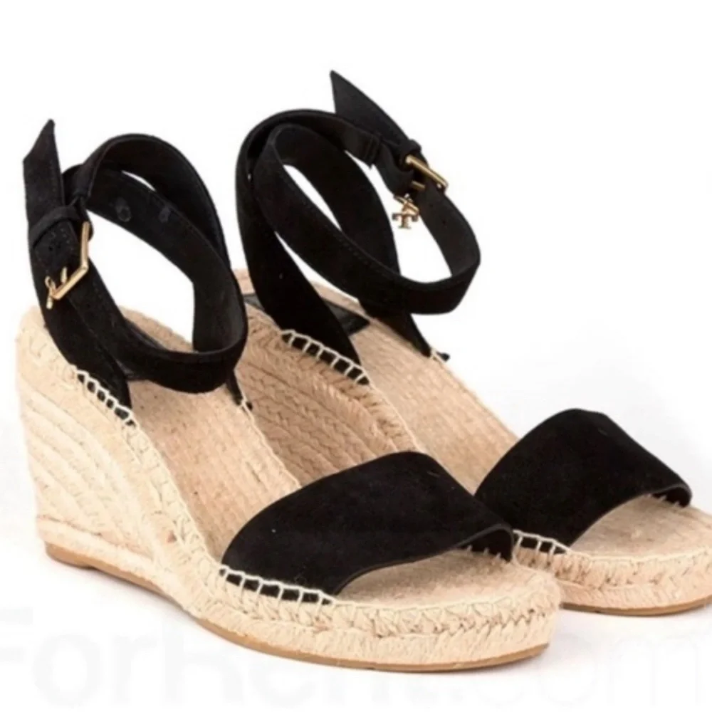 Tory‎ Burch Laurel Black Suede Espadrille Wedge Sandal